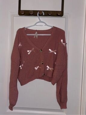 Women's Rose Pink Ribbon-Embellished V-Neck Cardigan Sweater